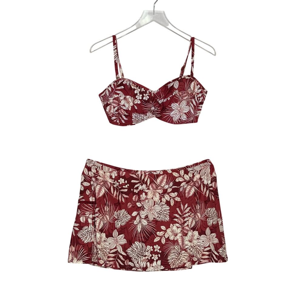 Sunsets Hawaiian Hideaway Burgundy Tropical Swimsuit Set 38D 16 Swim Skirt